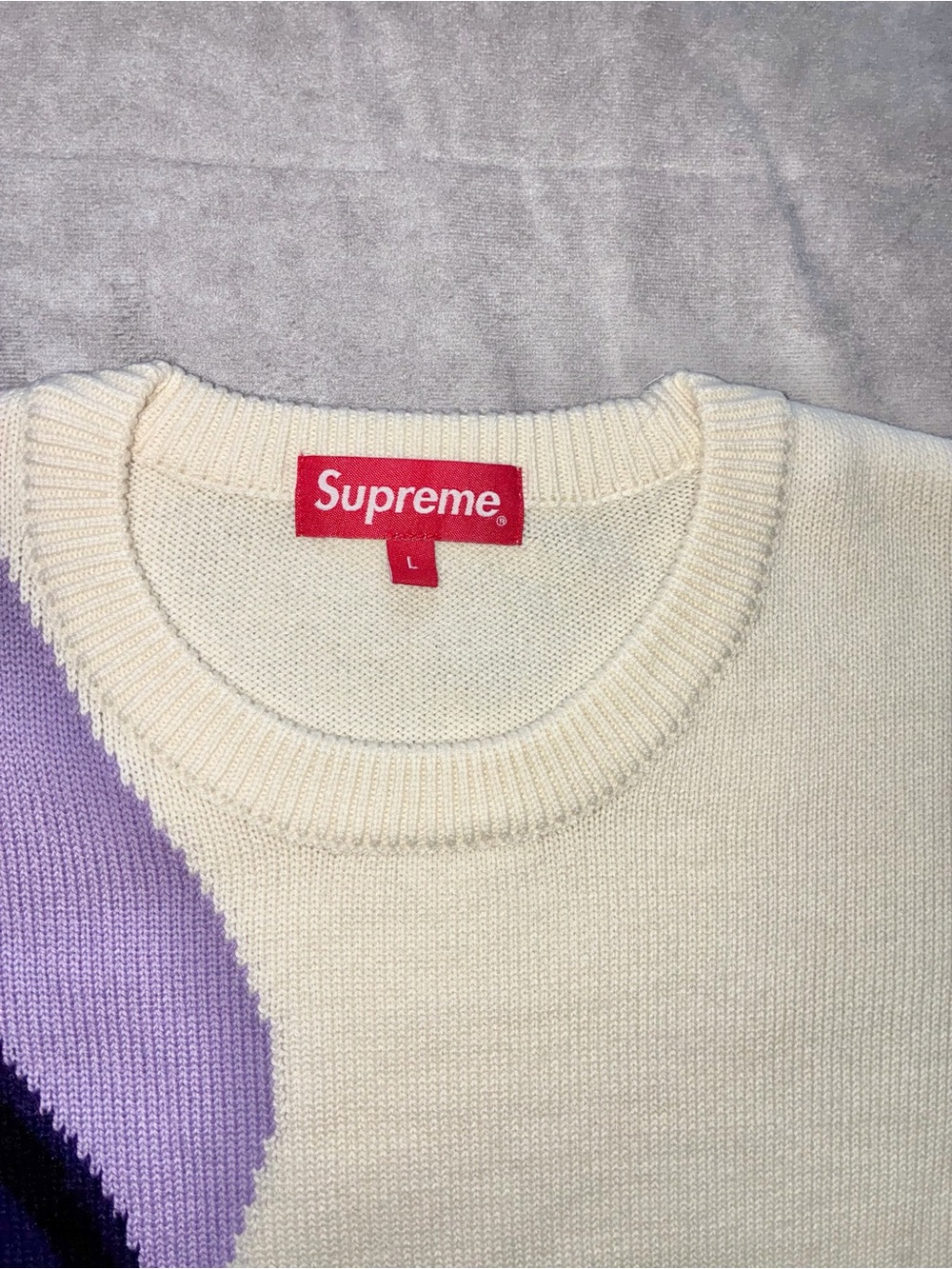 Supreme Cream/Lavender/Green Artist Face Intarsia Crewneck Sweater - Picture 2 of 4